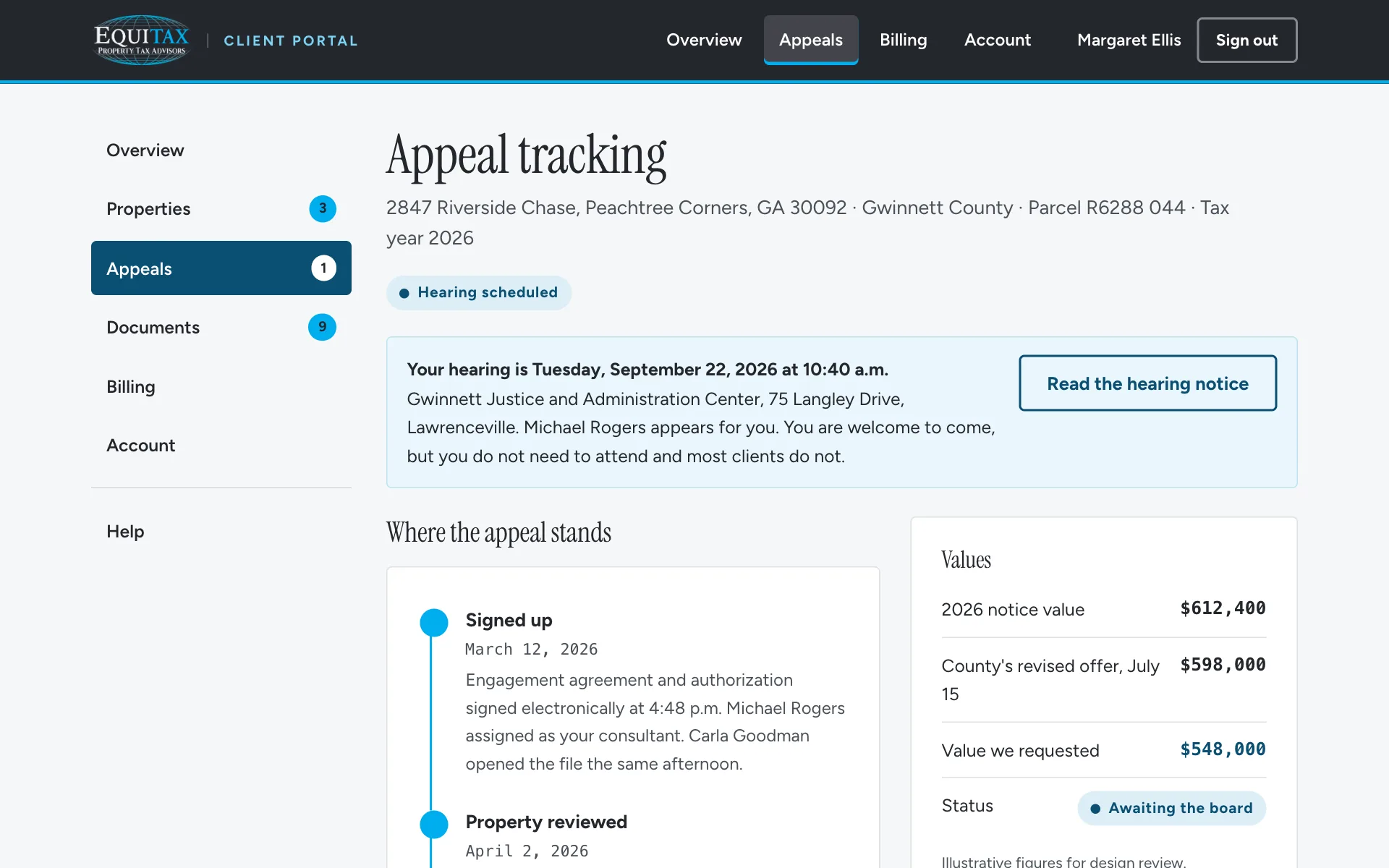 The EQUITAX client portal showing an appeal timeline from filing to hearing to decision