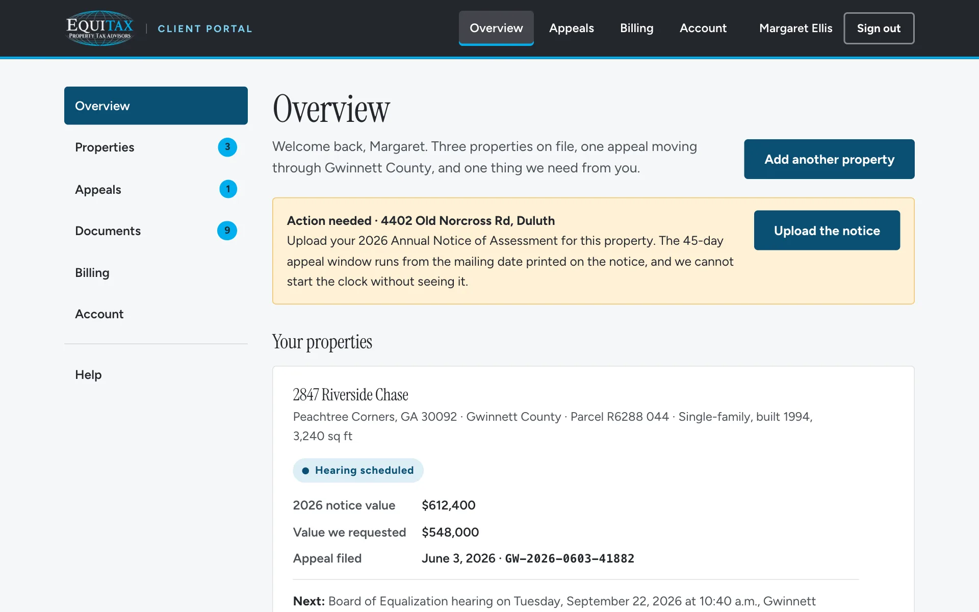The EQUITAX client portal overview with several properties and their status