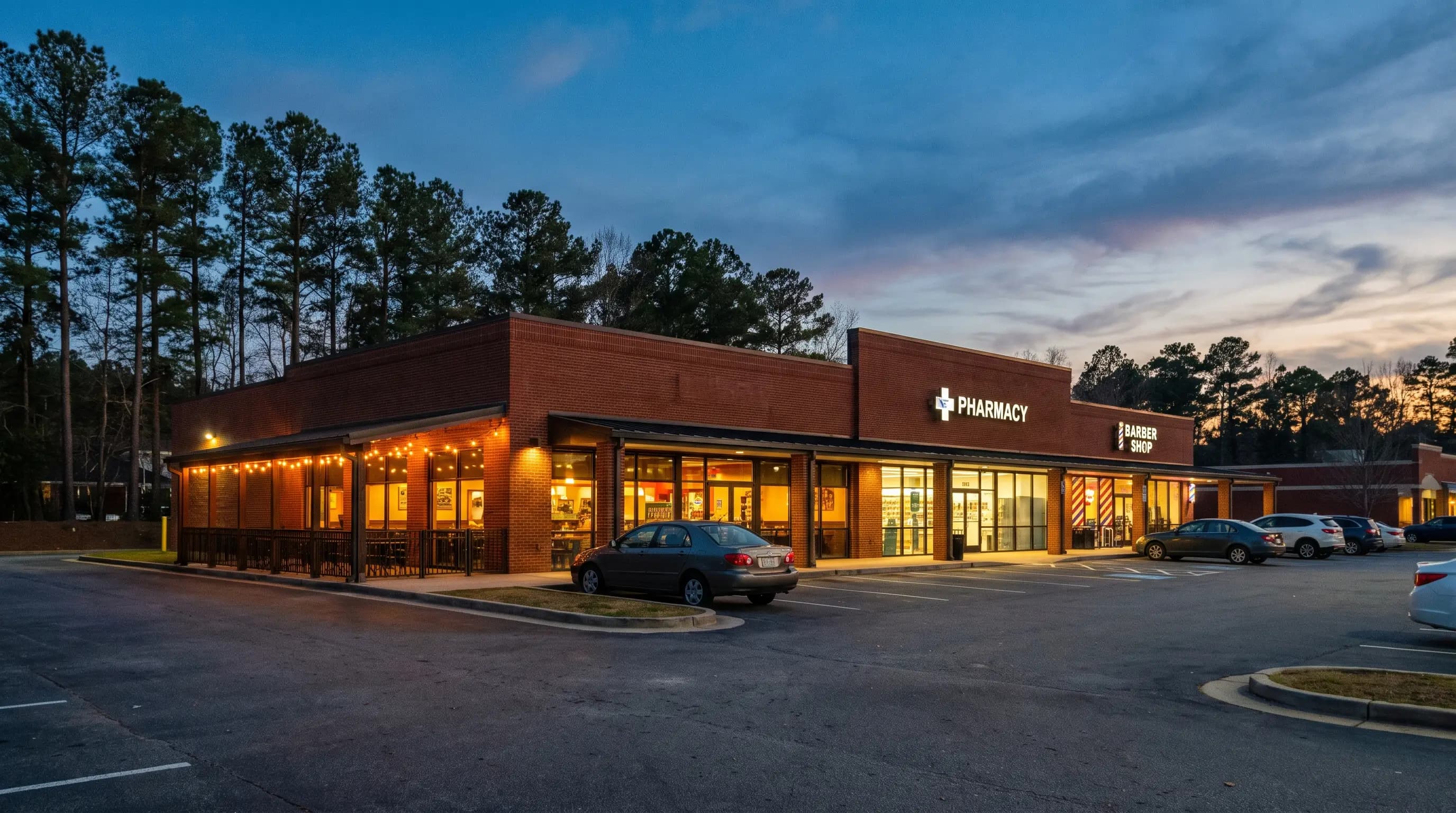 A neighborhood retail center in Georgia at dusk