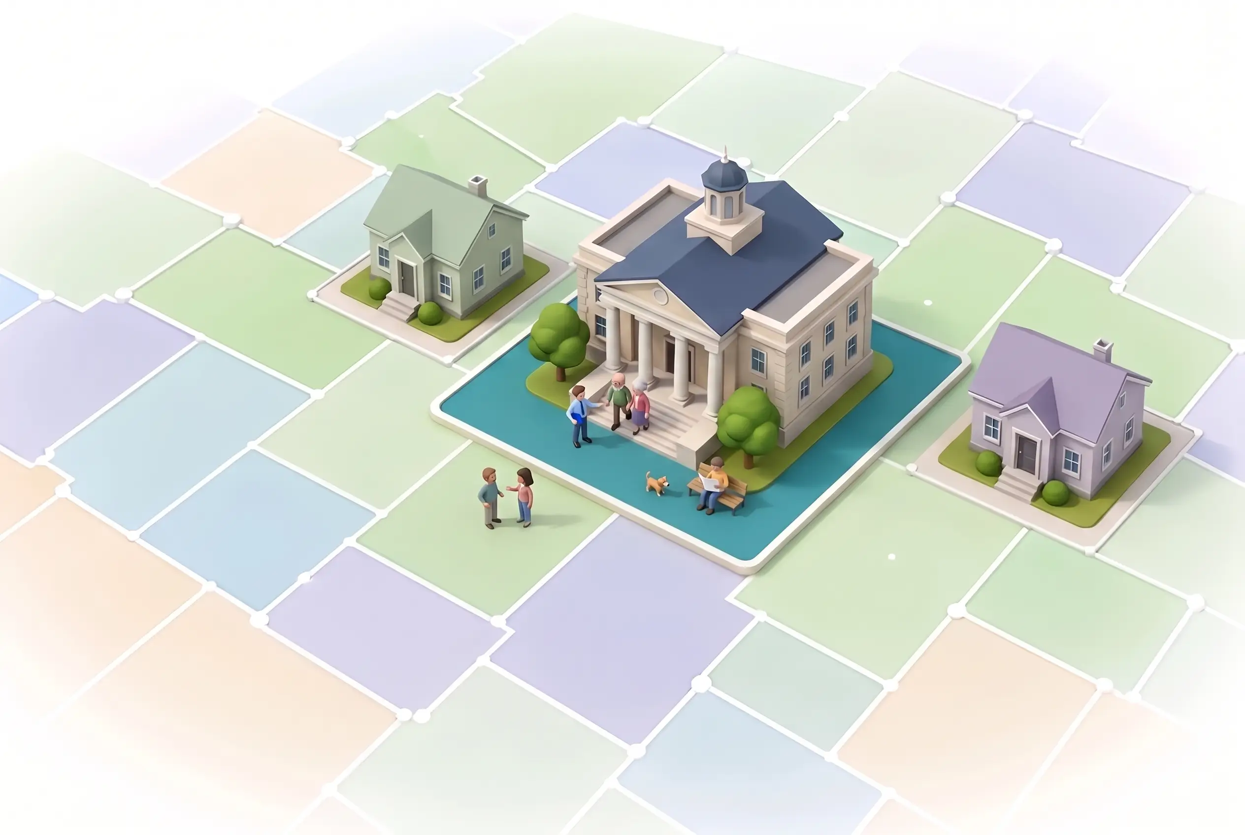 Miniature county courthouse on a raised teal parcel among pastel parcel tiles