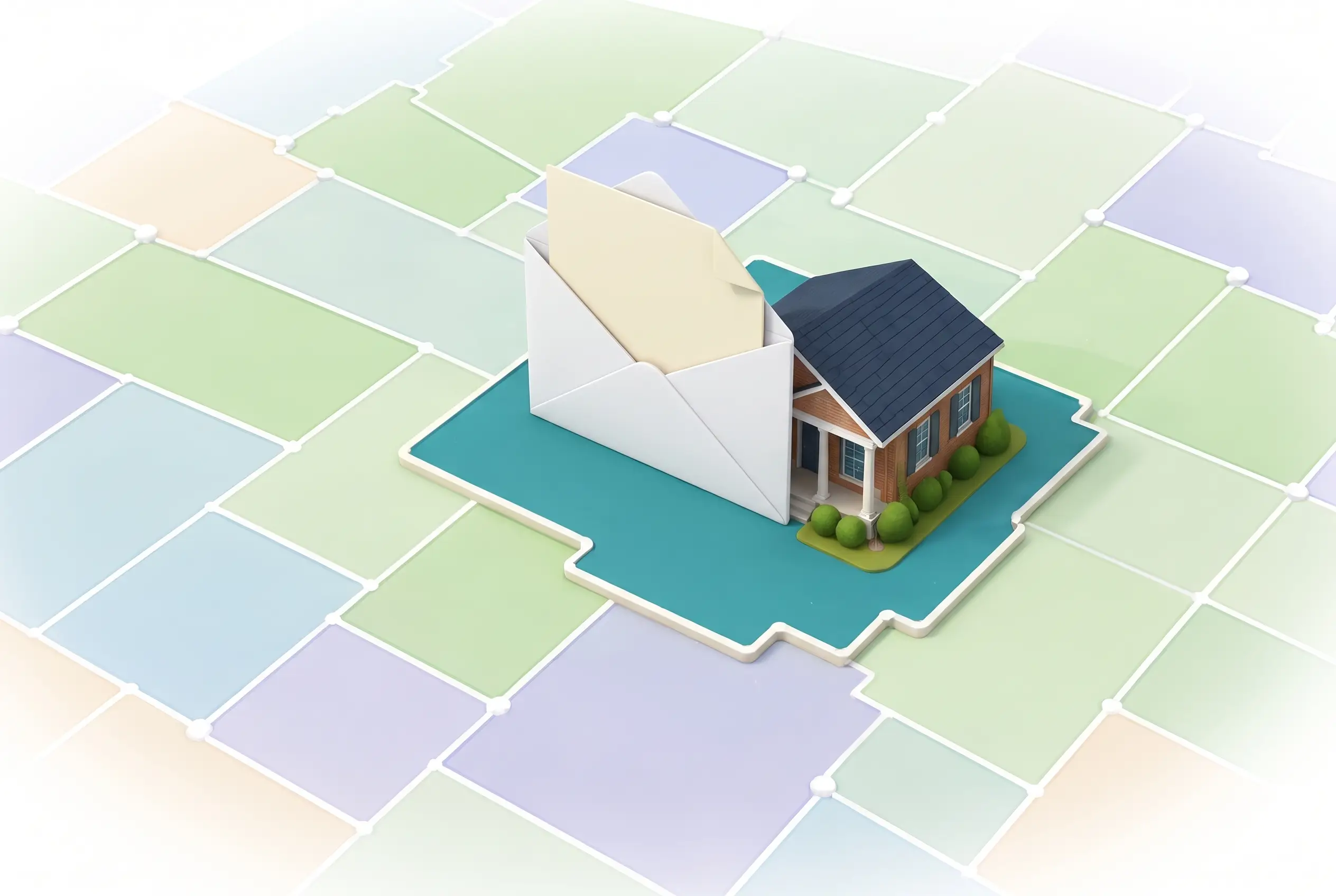 Miniature house beside a giant envelope with a notice sliding out