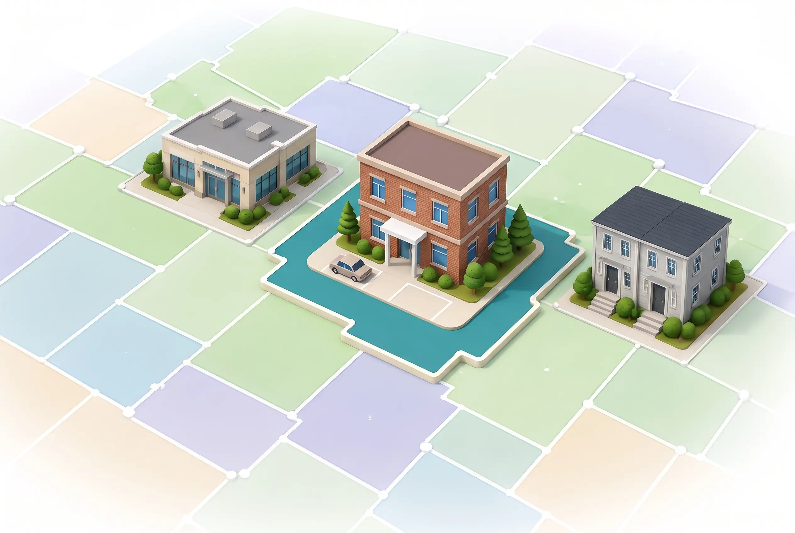 Miniature two-story brick office building on a teal parcel