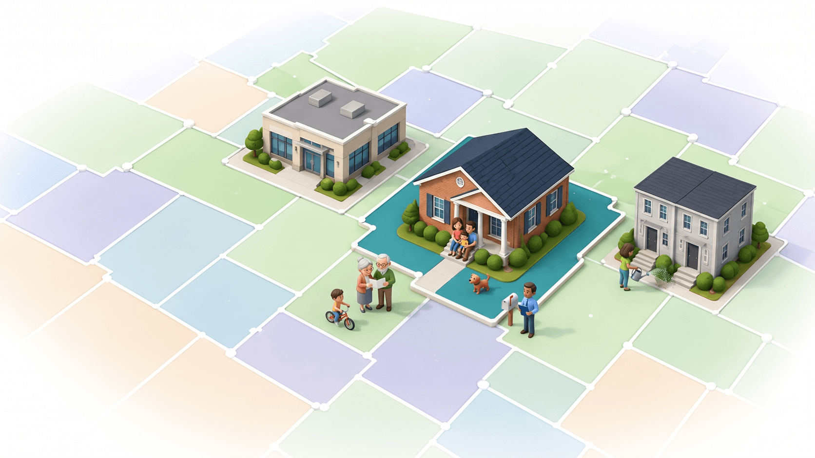 Digitally rendered miniature properties on pastel parcel tiles