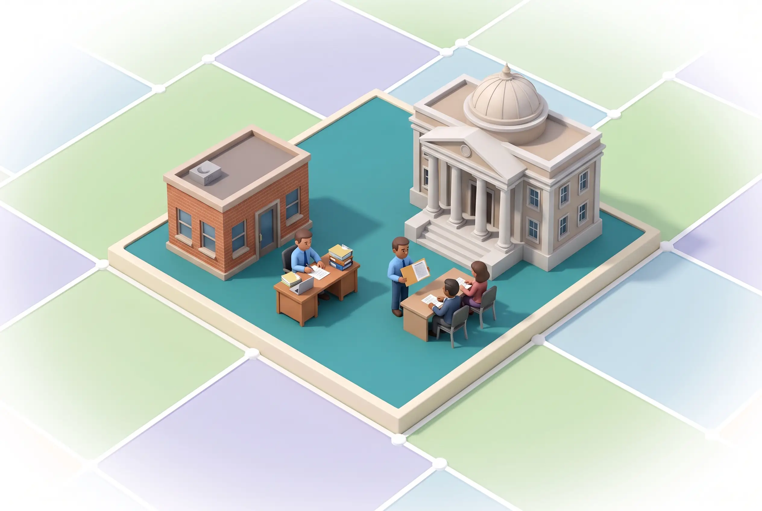 Miniature advisor working at a desk of files, then presenting at a county hearing table