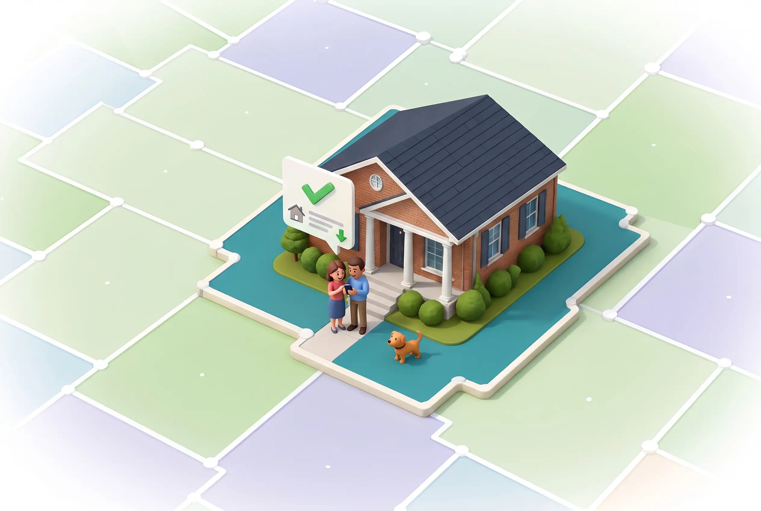 Miniature couple outside their home reading a successful-appeal notification on a phone